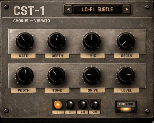CST-1 vintage BBD modulation plugin in action: chorus, vibrato, flanger, doubler, and phaser modes with 41 factory presets