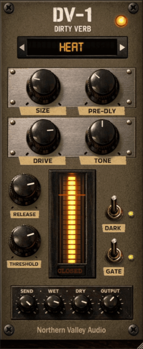 DV-1 gated dirty reverb plugin: lo-fi digital reverb, post-reverb distortion, sidechain gate, expression send