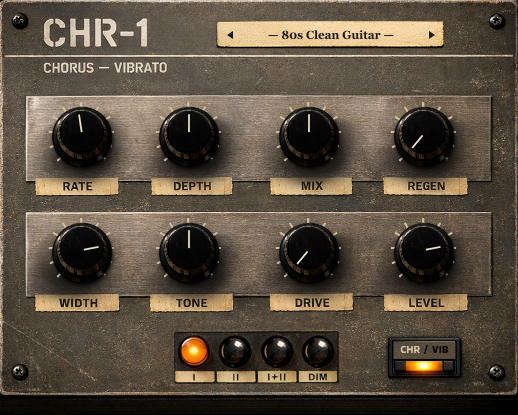 CHR-1 plugin interface showing chorus mode with dual-voice BBD controls and warm vintage panel