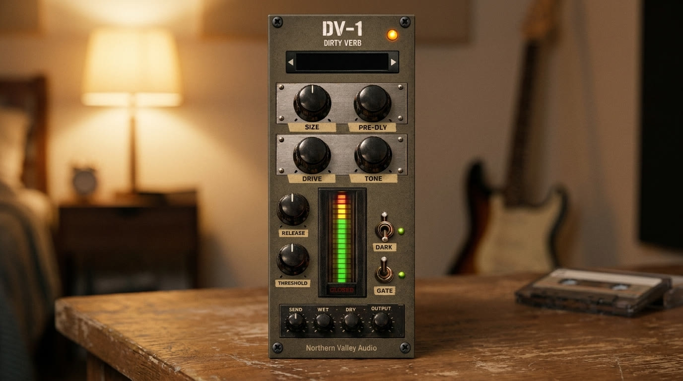 The DV-1 Dirty Verb gated reverb unit on a wooden desk in a warm bedroom studio, with a lamp, coiled patch cable, cassette tape, and electric guitars in the background
