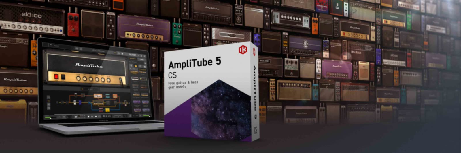 AmpliTube 5 Custom Shop, the free tier of IK Multimedia's amp sim suite, shown running on a laptop in front of a wall of modeled amps and pedals