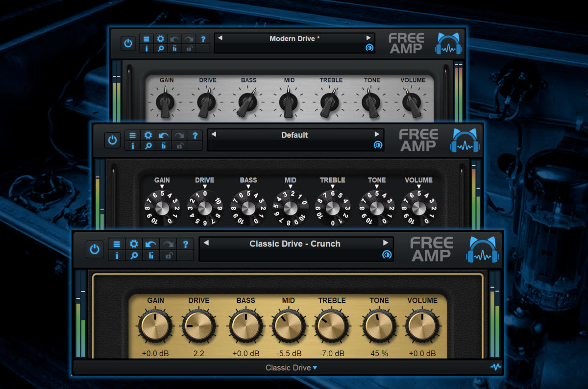 Blue Cat's Free Amp plugin showing its three amp models: Modern Drive, Default clean, and Classic Drive crunch, each with the same seven simple knobs