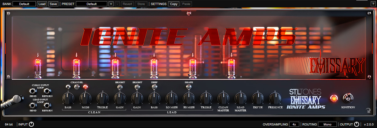 Ignite Amps Emissary 2, a free two-channel tube amp head plugin with glowing power tubes, clean and lead channels, and full tone stacks for each