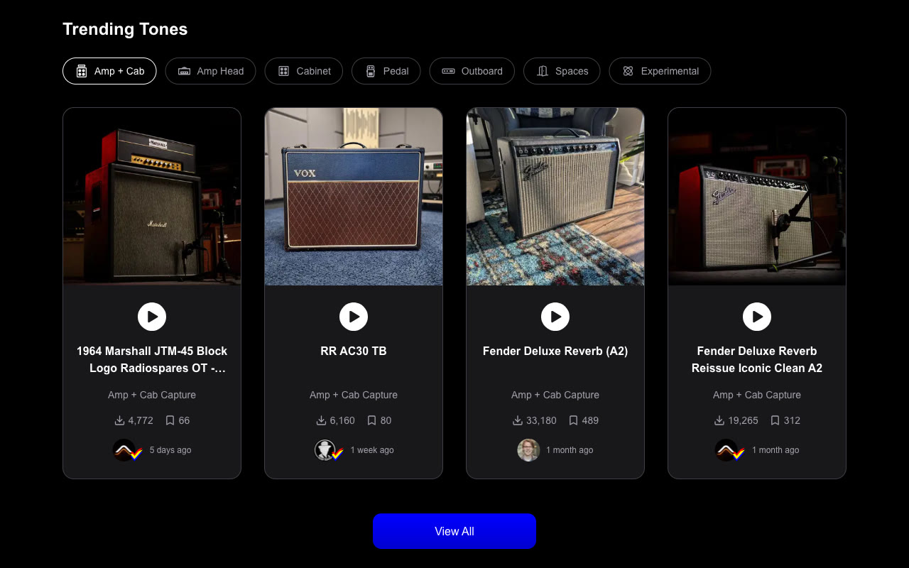 The TONE3000 community capture library for Neural Amp Modeler, showing trending amp captures including a 1964 Marshall JTM-45, a Vox AC30, and Fender Deluxe Reverbs with tens of thousands of downloads