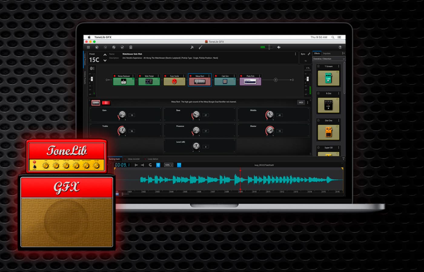 ToneLib GFX running on a MacBook: a full signal chain of noise reducer, wah, fuzz, Mesa-style amp, cab sim, and plate reverb with a preset browser and built-in looper