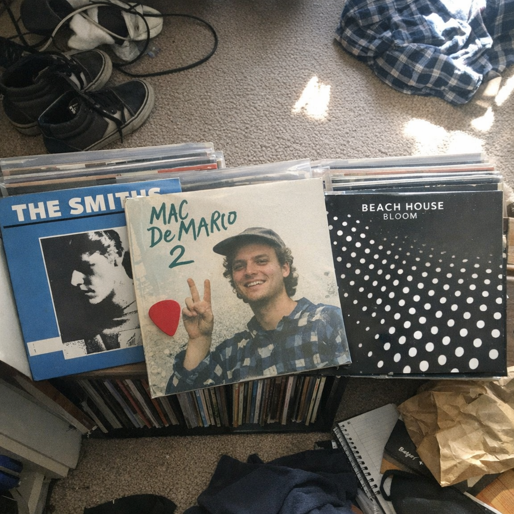 Vinyl record collection featuring The Smiths, Mac DeMarco, and Beach House