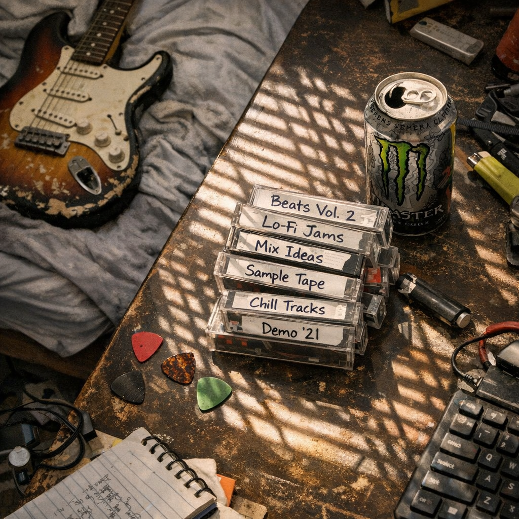 Bedroom recording setup with cassette tapes and guitar
