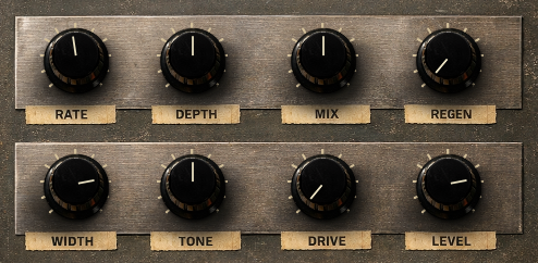 CST-1 controls close-up showing the eight knobs: Rate, Depth, Mix, Regen, Width, Tone, Drive, Level