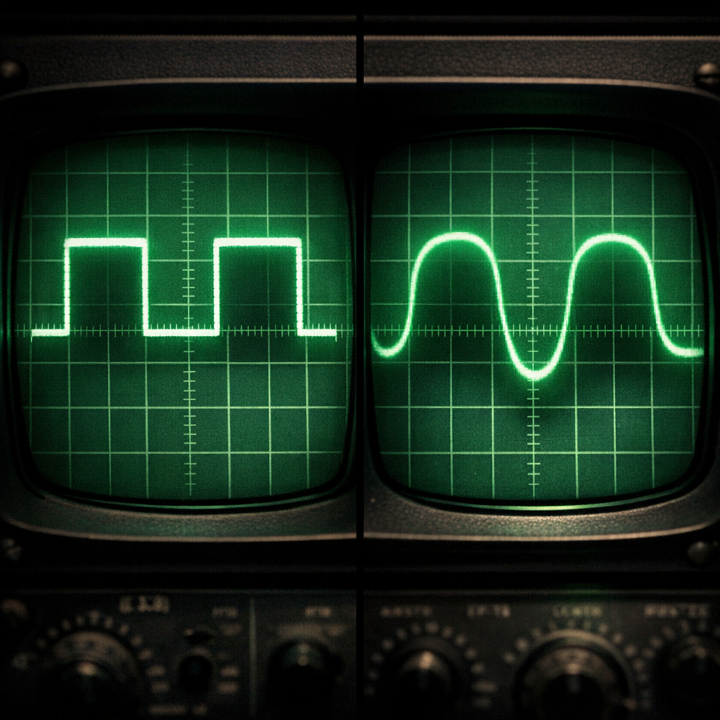 Oscilloscope showing symmetric vs asymmetric waveform clipping