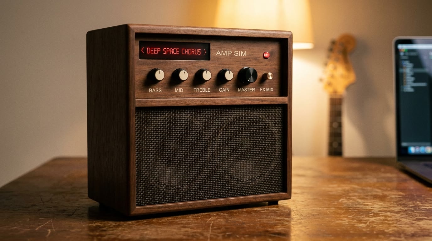 A small wooden desktop guitar amp with a red LCD reading DEEP SPACE CHORUS on a wooden desk in a warm bedroom studio, with a lamp, electric guitar, and laptop in the background