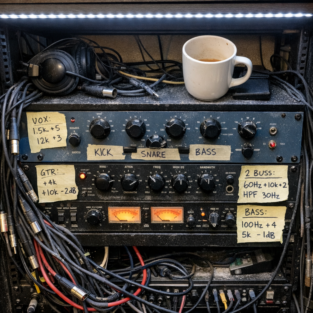 Studio outboard rack with vintage EQ gear and handwritten notes