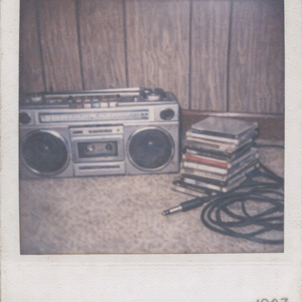 Vintage boombox with scattered cassette tapes