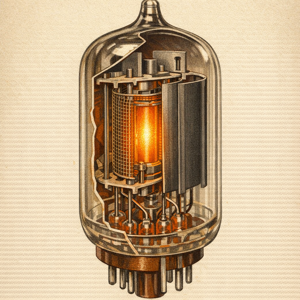 Inside a vintage tube amplifier with glowing vacuum tubes