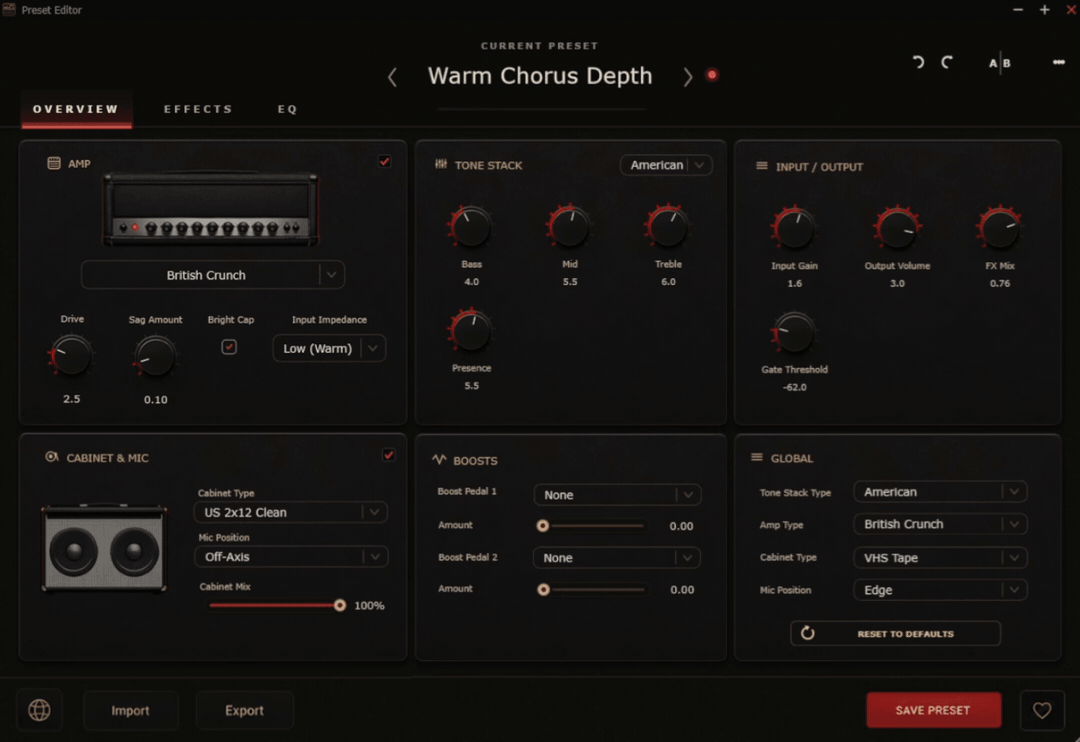 Browsing amps and cabinets in the Roomtone Preset Editor Overview tab