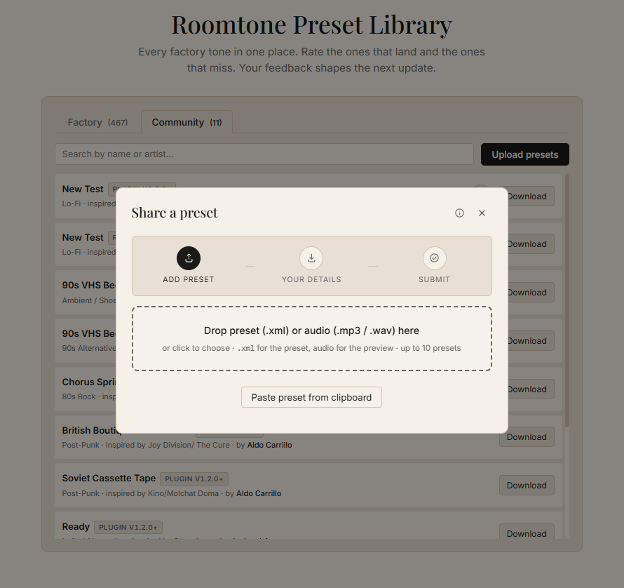 The community preset upload modal on the Roomtone preset library page