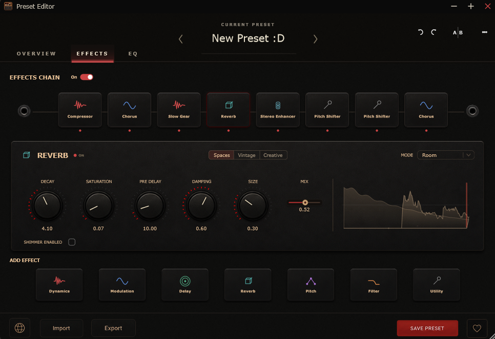 Roomtone Amp Sim v1.2.8 Preset Editor showing the new Effects tab