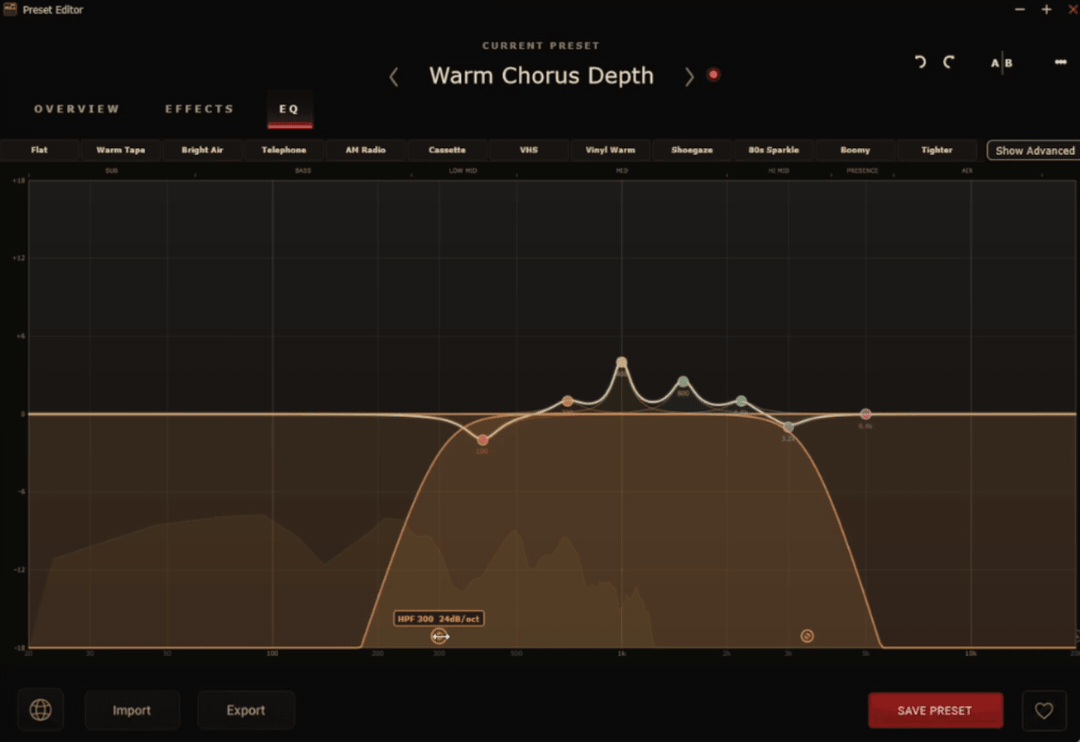 The EQ tab in Roomtone showing draggable nodes on a spectrum analyzer