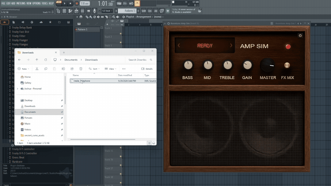 Drag-dropping an XML preset directly onto the Roomtone amp window