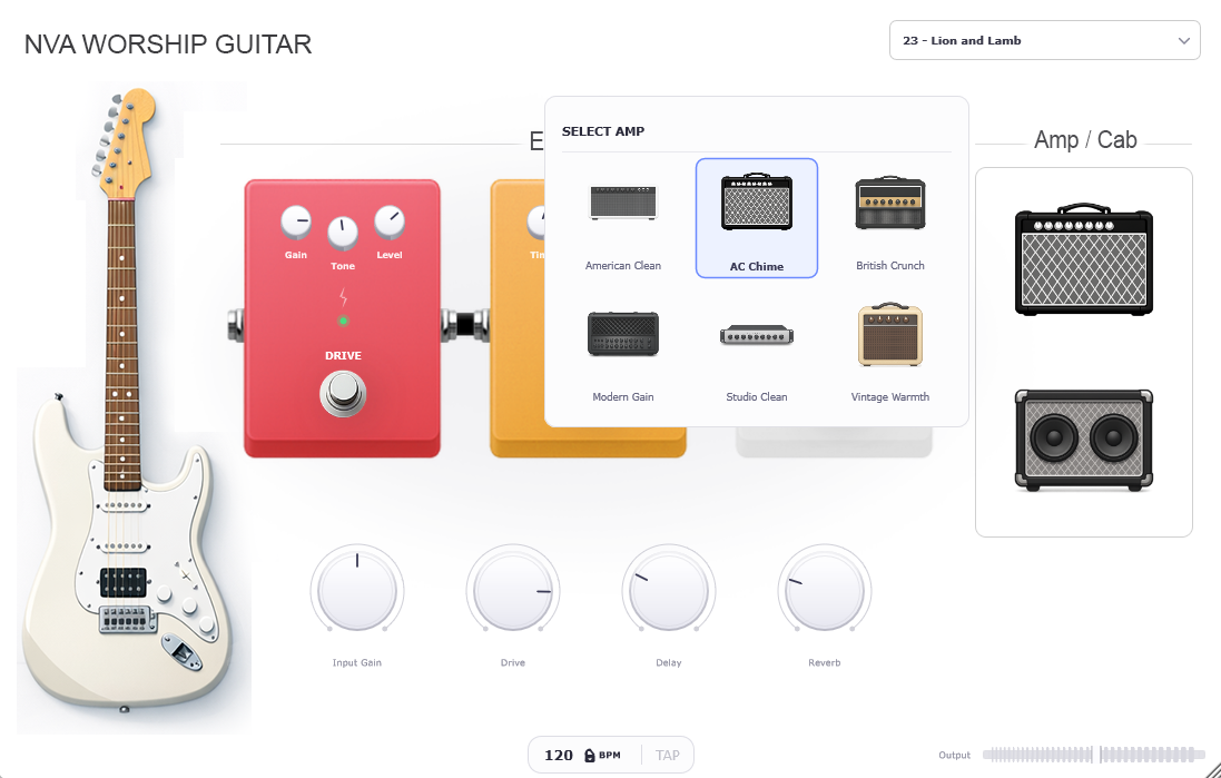 NVA Worship Guitar amp selection screen showing American Clean, AC Chime, British Crunch, Modern High Gain, Studio Clean, and Vintage Warmth options