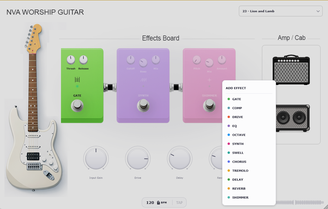 NVA Worship Guitar Effects Board showing all 12 color-coded effects available for creating ambient textures