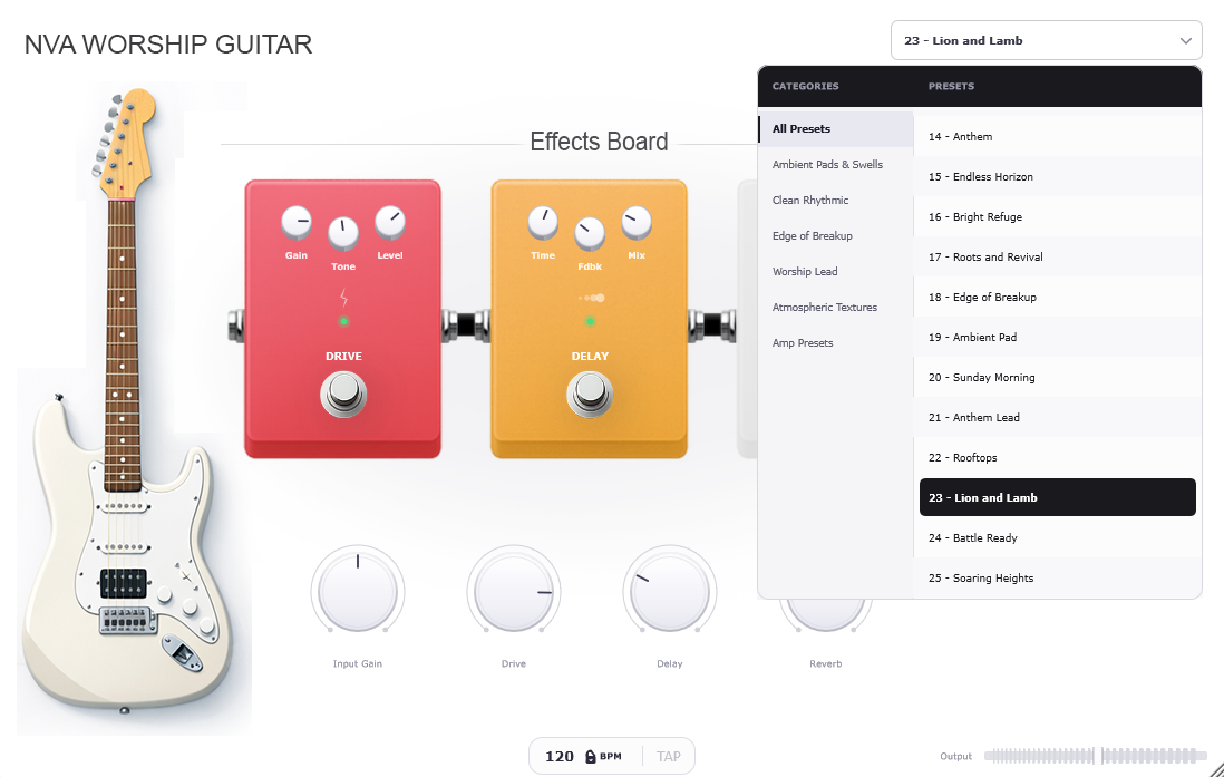 NVA Worship Guitar preset browser showing categories like Ambient Pads, Clean Rhythmic, Edge of Breakup, Worship Lead, and specific presets like Lion and Lamb