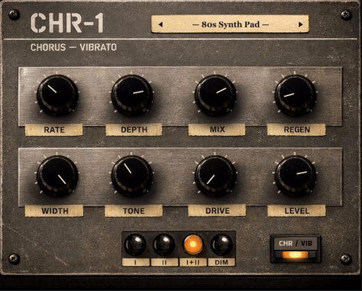 CHR-1 vintage BBD modulation plugin in action: chorus, vibrato, flanger, doubler, and phaser modes with 41 factory presets