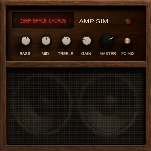 Roomtone Amp Sim: the amp interface switching between presets, with the whole chain of gate, amp, cabinet, EQ, and effects inside one plugin window