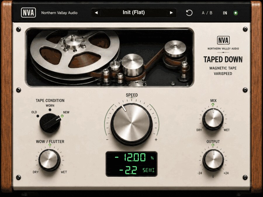 NVA Taped Down magnetic tape varispeed plugin interface: spinning tape reels, SPEED knob, Tape Condition, Wow/Flutter, Mix, Output